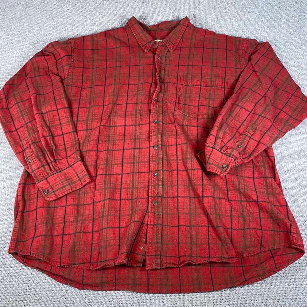 Cabelas Plaid Flannel Shirt Mens 3XL Tall Red Green Long Sleeve Button Down Logo